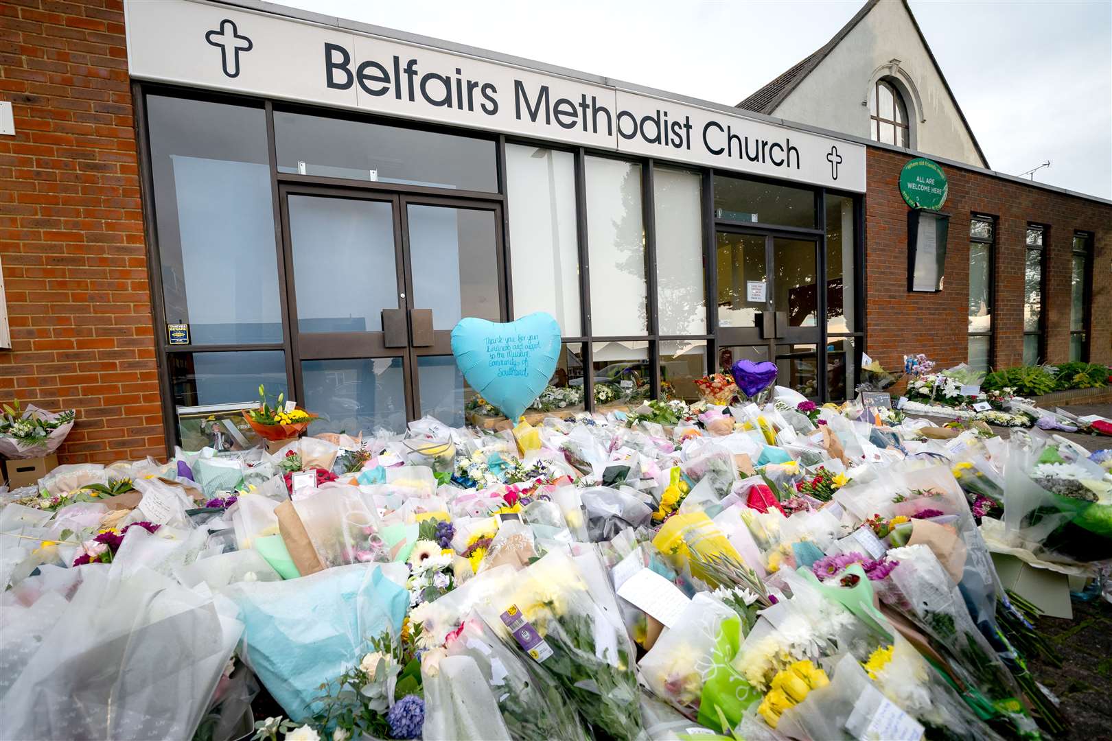 Flowers and tributes at the scene near Belfairs Methodist Church (Aaron Chown/PA)