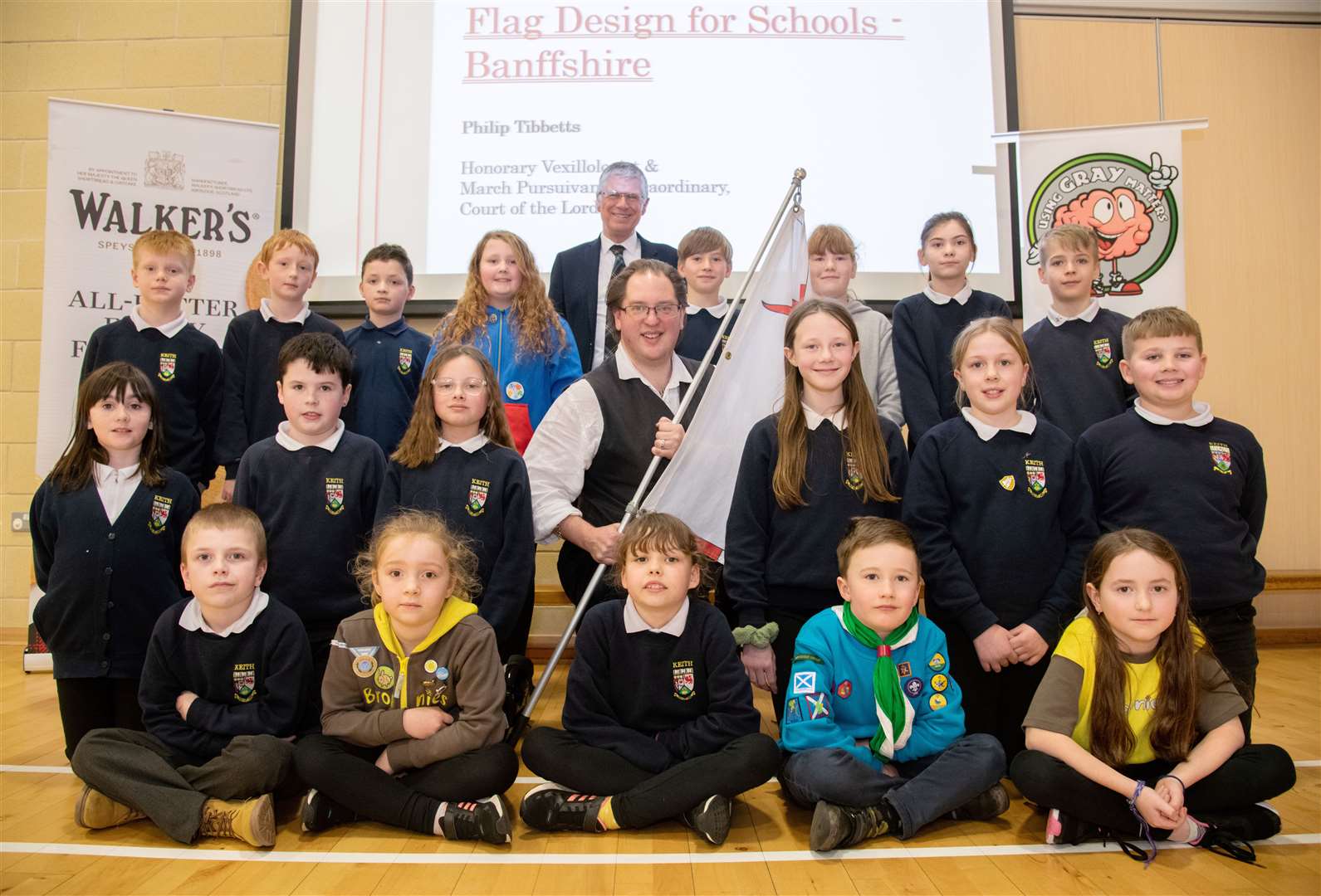Keith Primary School pupils with vexillologist Phil Tibbetts. Picture: Daniel Forsyth
