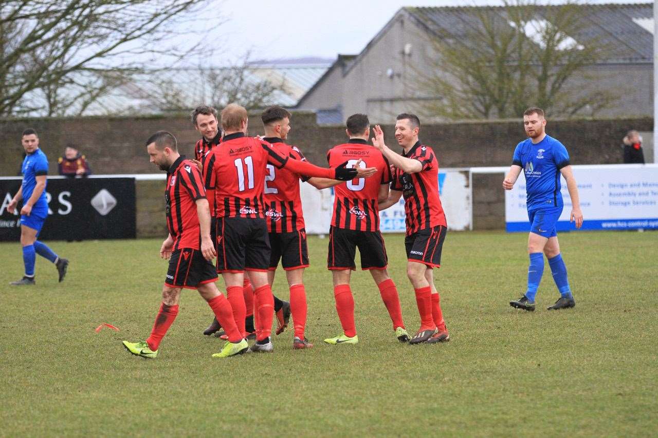 Locos celebrate win over Strathspey Thistle. Picture: Paul Douglas