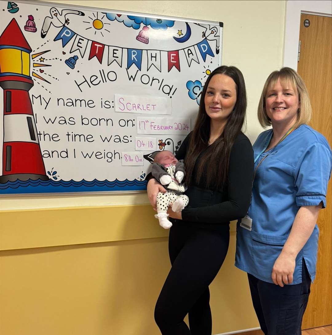Midwife Natalie, her daughter Sasha and baby Scarlet shortly after Scarlet’s birth at Peterhead Community Maternity Unit.