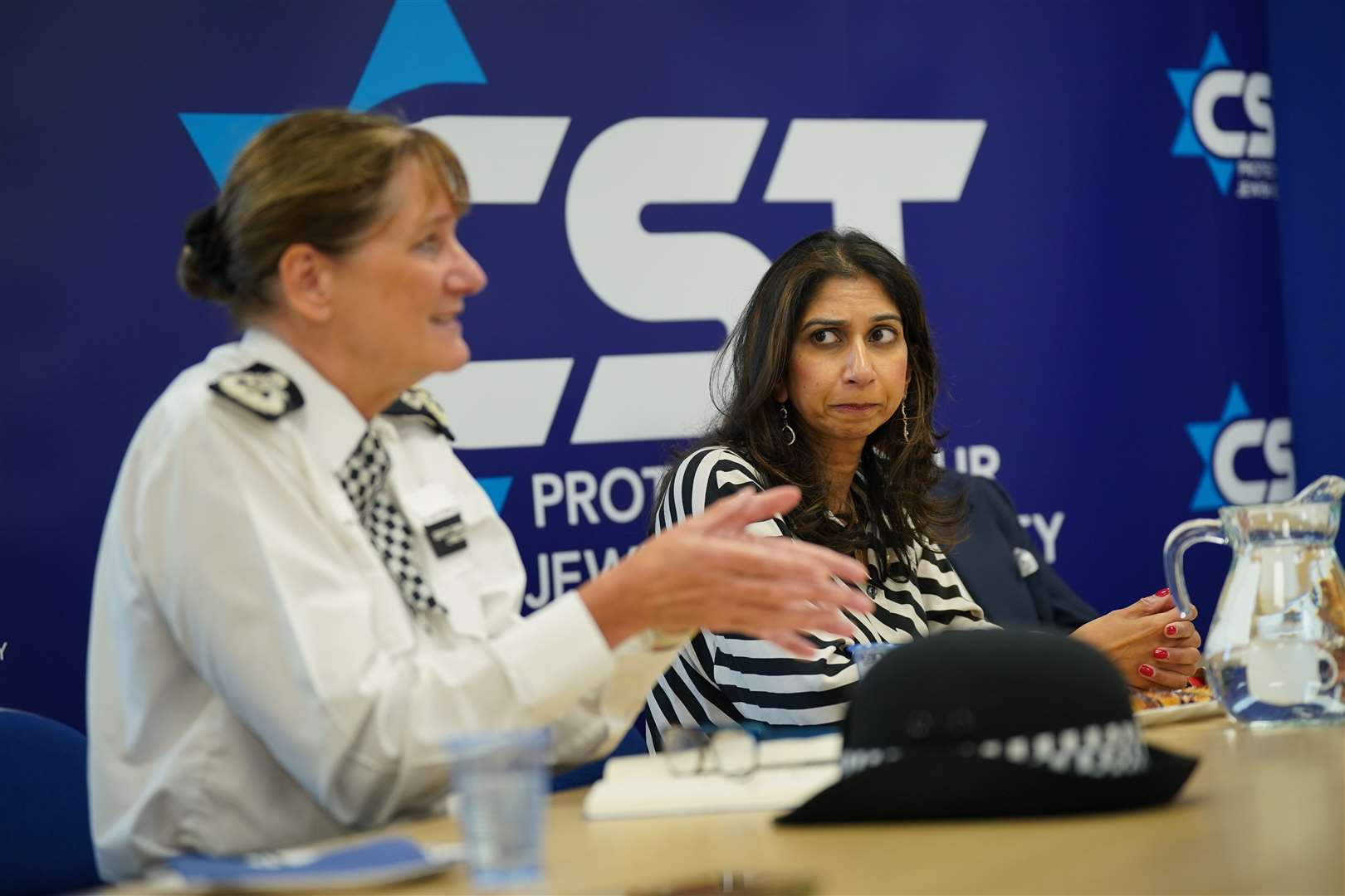 Home Secretary Suella Braverman and Dame Lynne Owens, Deputy Commissioner of the Met Police, during a visit to the Community Security Trust (Yui Mok/PA)