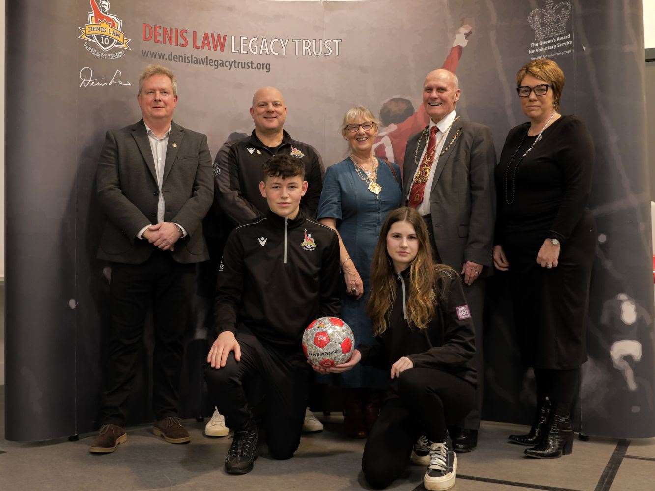 (From left) Gary Law; Mark Williams, Lady Provost of Aberdeen Hazel Cameron, Lord Provost of Aberdeen David Cameron, Lynn Kilbride and two young Denis Law Legacy Trust volunteers. Picture: RGU