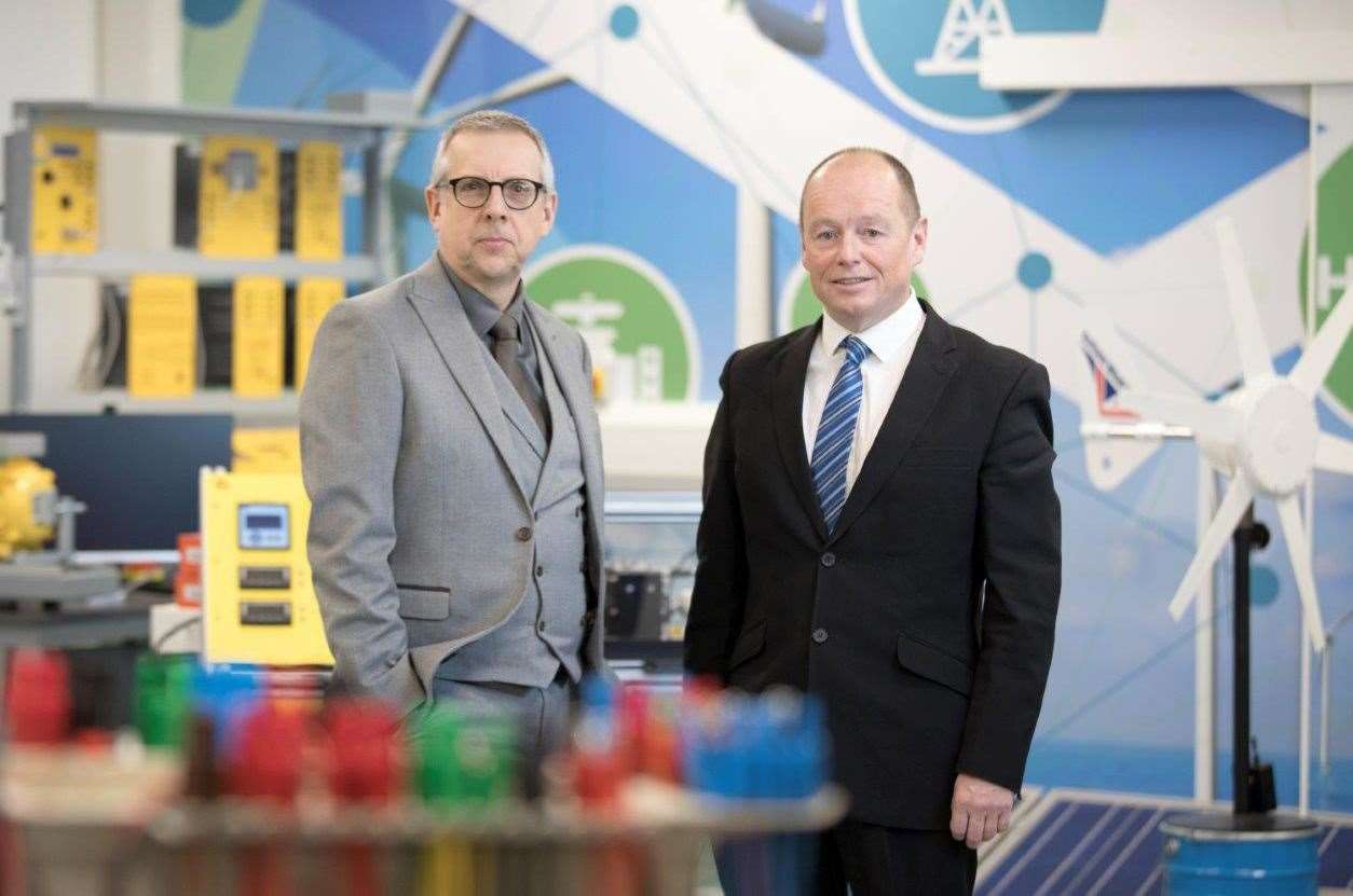 Nescol Principal and Chief Executive Neil Cowie (left) and Nescol Director of Business Development Duncan Abernethy in the Future Skills Workshop at the Fraserburgh Campus, one of the learning zones funded by the benefactor’s donations to date.
