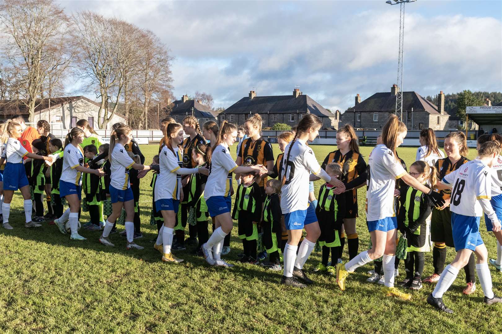 Huntly Women and Inverurie Locos Ladies shake hands ahead of their first match. ..Huntly Women F.C. v Inverurie Loco Works F.C Ladies at Christie Park...Picture: Beth Taylor.