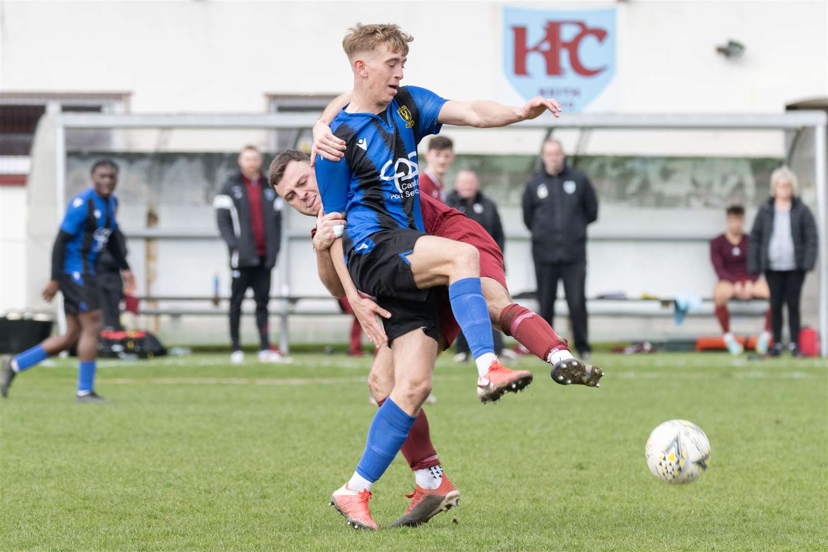 Keith's Kieran Yeats challenges Huntly's Cameron Blacklock for the ball. ..Keith F.C. v Huntly F.C. at Kynoch Park...Picture: Beth Taylor.