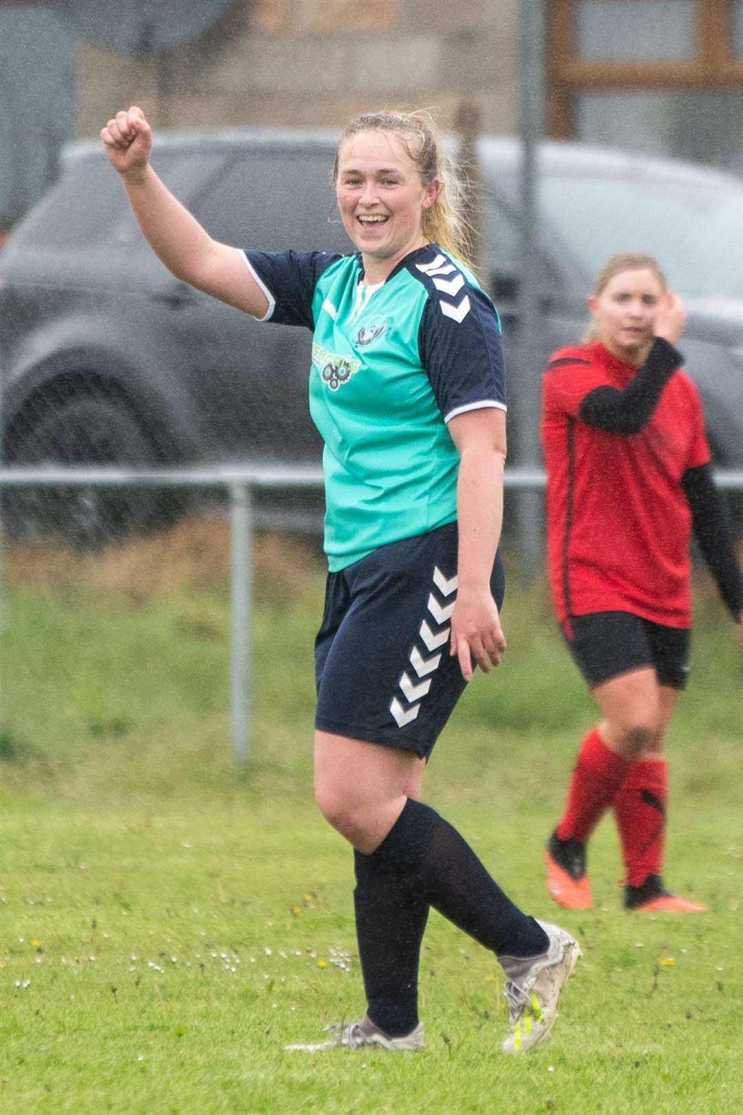 Buckie Ladies' Emily McAuslan celebrates her hatrick...Buckie Ladies FC (8) vs Brora Rangers Ladies FC (1) - SWF Highlands and Islands League - Gordon Park, Portgordon 14/05/2023...Picture: Daniel Forsyth..