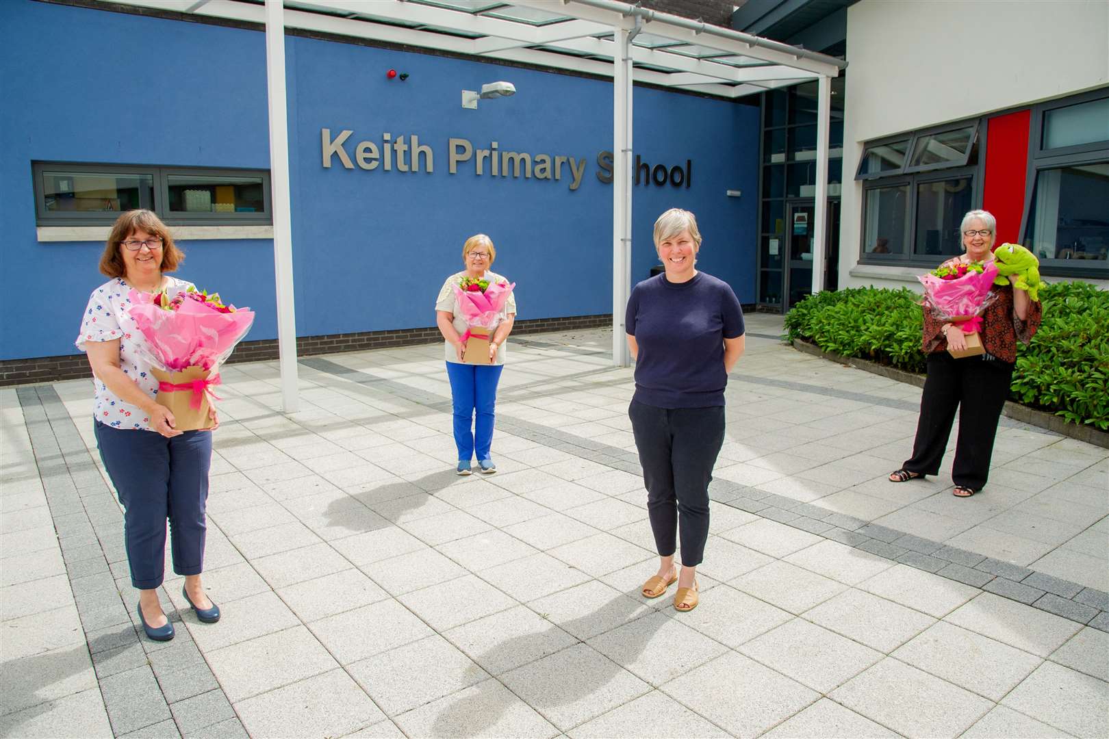 Keith Primary School Headteacher Susan Buchan (Second Right) with retiring teachers, from left, Wilma McGettrick, Carol Sheard and Jane Connelly. ..Picture: Daniel Forsyth..