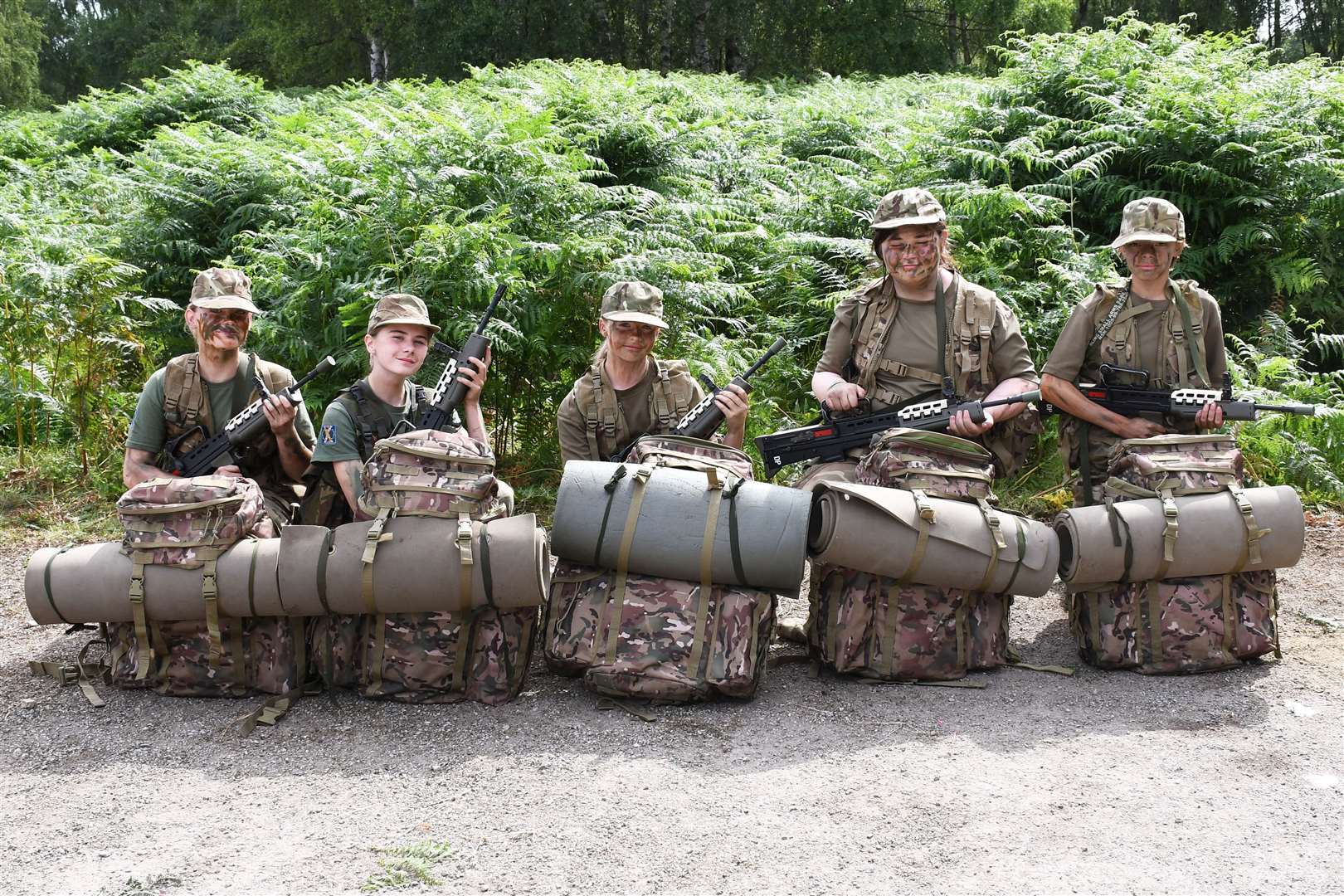 Enjoying their fieldcraft exercise are Buckie cadets (from left) Charlie Singer, Kate Sanderson, Micha Shields, Peaches Milne and Cadet Isla Hutchieson. Picture: ACF