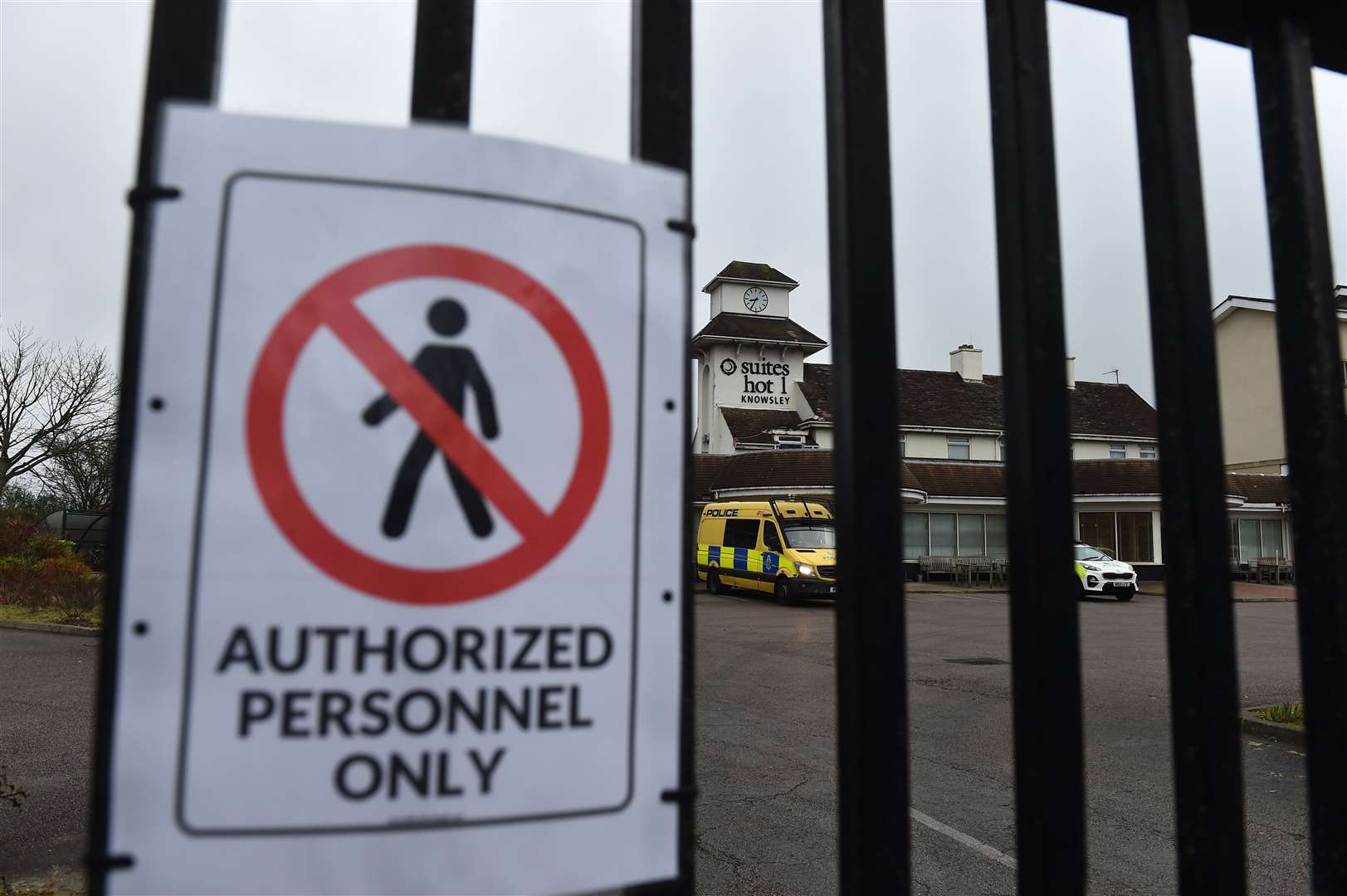 Police outside the Suites Hotel in Knowsley, Merseyside, on Saturday (Peter Powell/PA) 