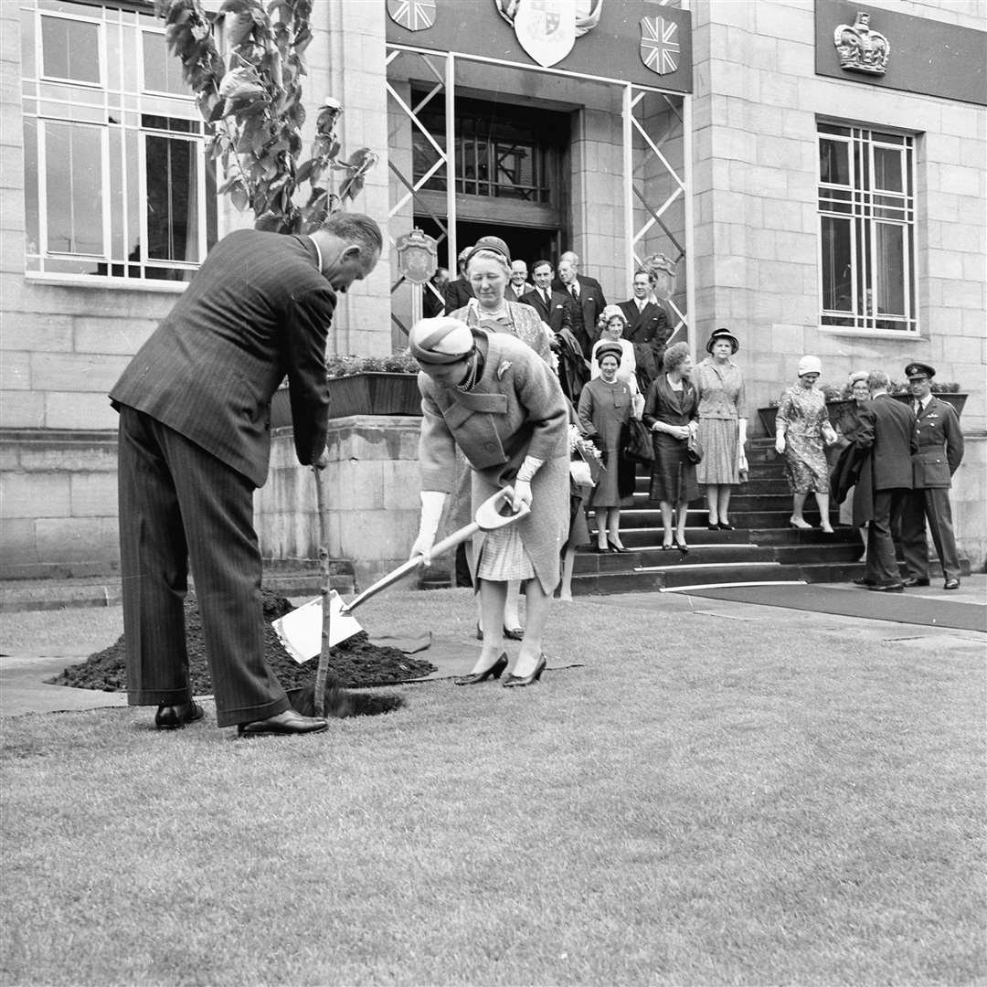 The Queen plants a tree outside the headquarters of the then county council in Elgin in 1961, now home to Moray Council. Picture: The Northern Scot archives