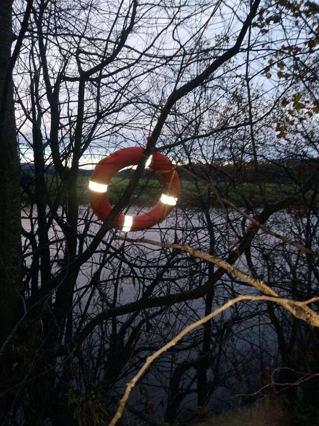 The life-ring hangs in the branch of a tree after being removed from its protective casing. Picture: Fochabers fire station