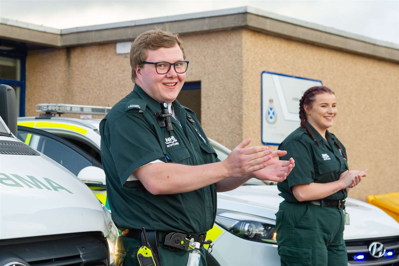 Left to Right: Kris Wood, Kaylah Sutherland...Crew members of the Elgin Ambulance Station join in with the nationwide applause as they reflect on the continued effort of their fellow key workers during the coronavirus pandemic...Picture: Daniel Forsyth..