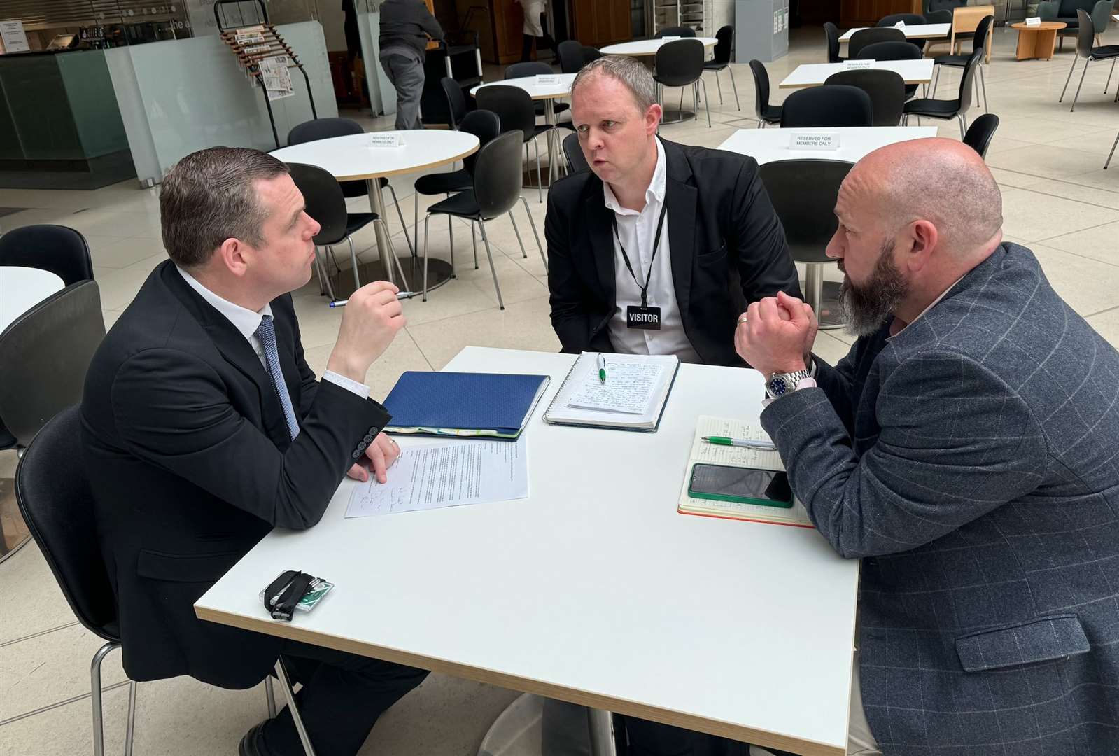 Douglas Ross MP (left) discusses the closure of the Buckie BoS branch with Neil Moore and Ross Gardner from the bank.