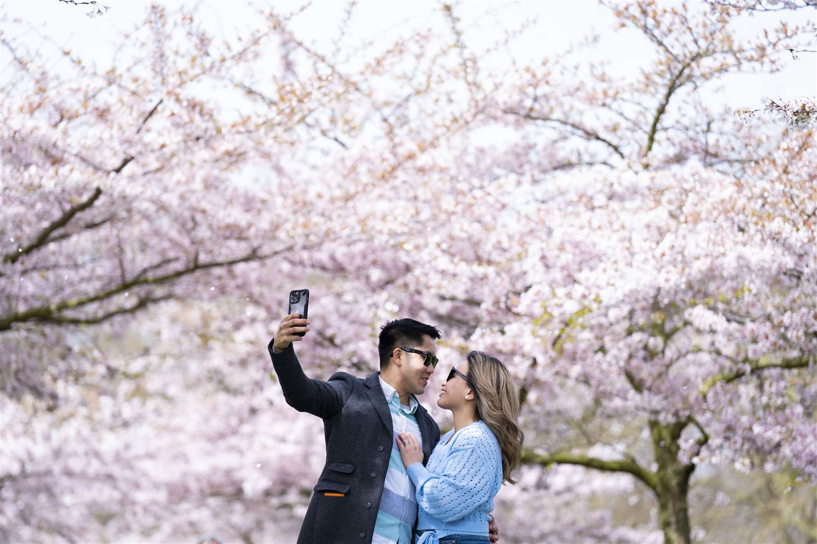 A couple take a selfie with cherry blossom trees in Battersea Park in south-west London (Kirsty O’Connor/PA)