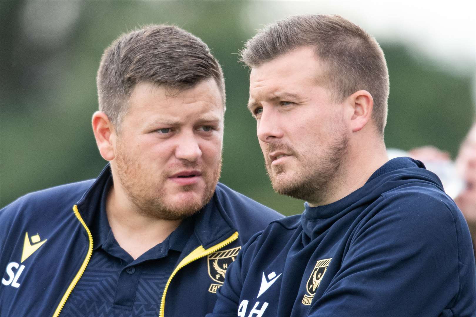 Huntly manager Allan Hale (right) and assistant manager Stefan Laird (left)...Buckie Thistle FC (3) vs Huntly FC (0) - Highland Football League 23/24 - Victoria Park, Buckie 02/09/2023...Picture: Daniel Forsyth..