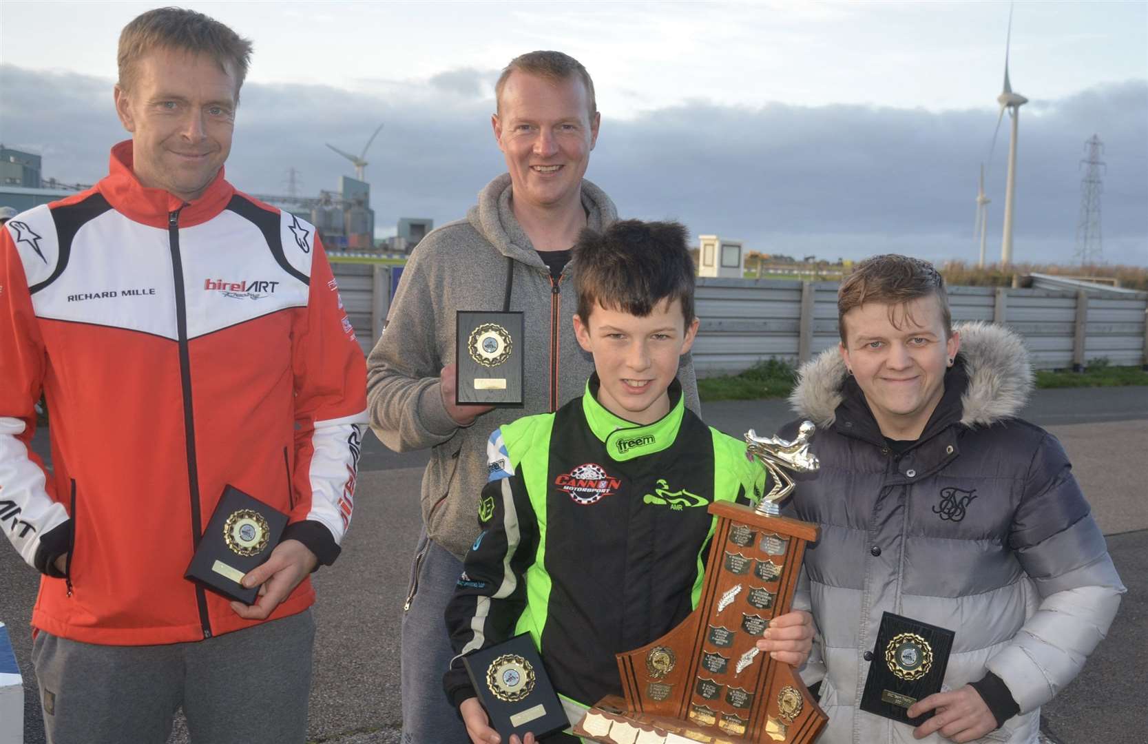 GKC Team Trophy winners (left) Ryan Cannon, Rik Christie, Aiden MacDonald holding the Trophy and Jonathan Edwards