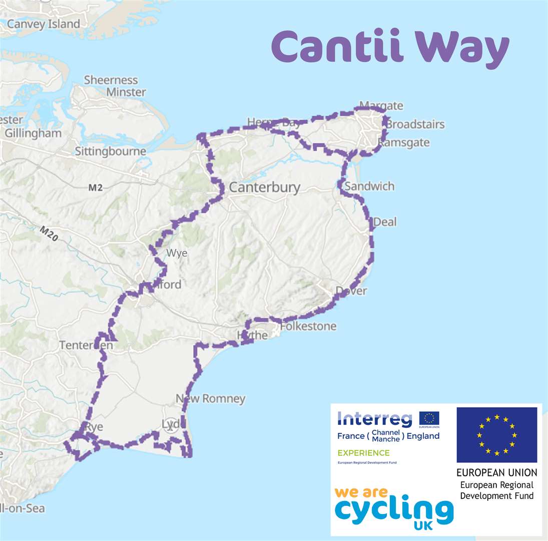 The Cantii Way route passes through Canterbury, Whitstable, Folkestone and Dover (Cycling UK)