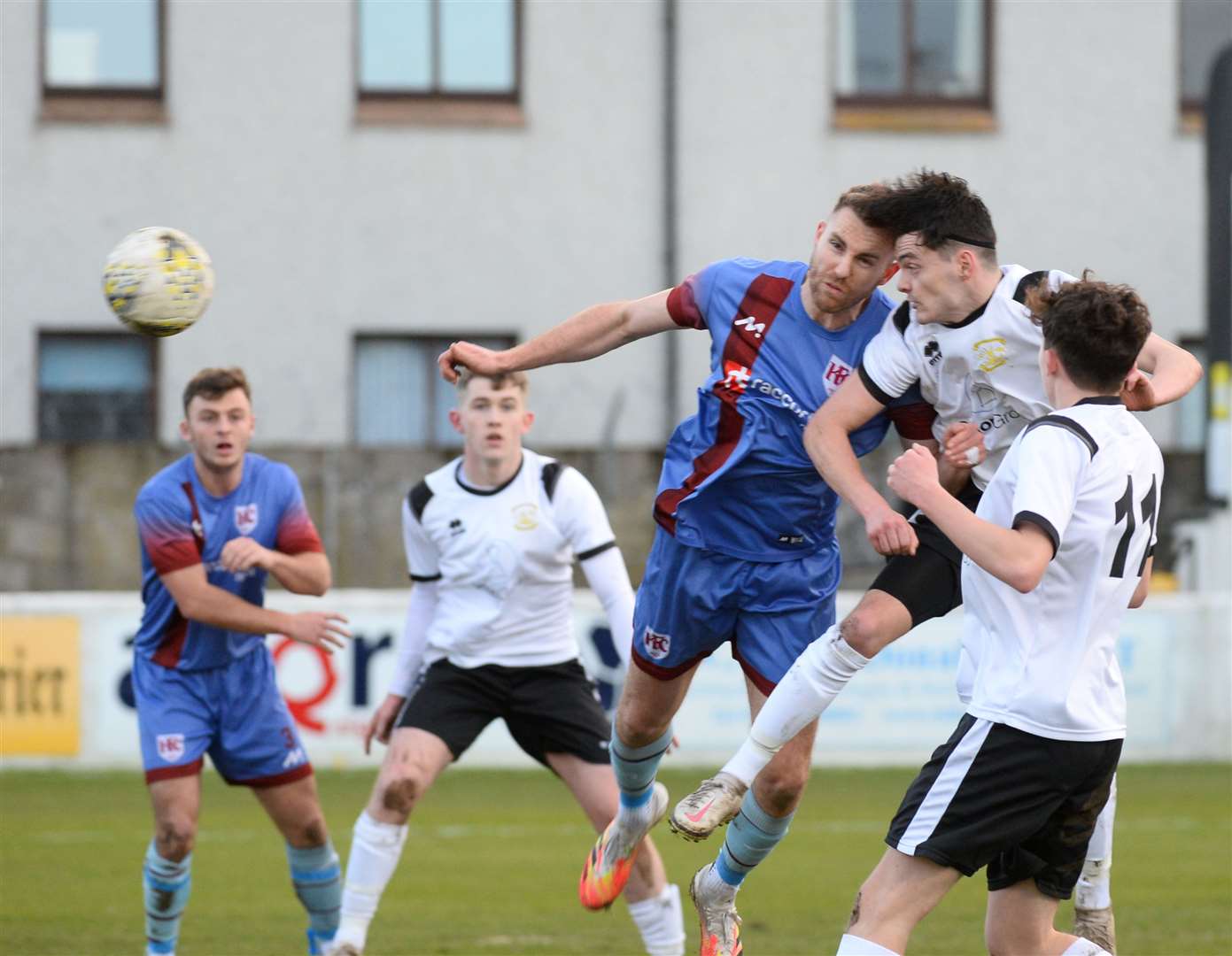 Liam Taylor goes close with a header for Clach, who went down at home to Keith. Picture Gary Anthony.