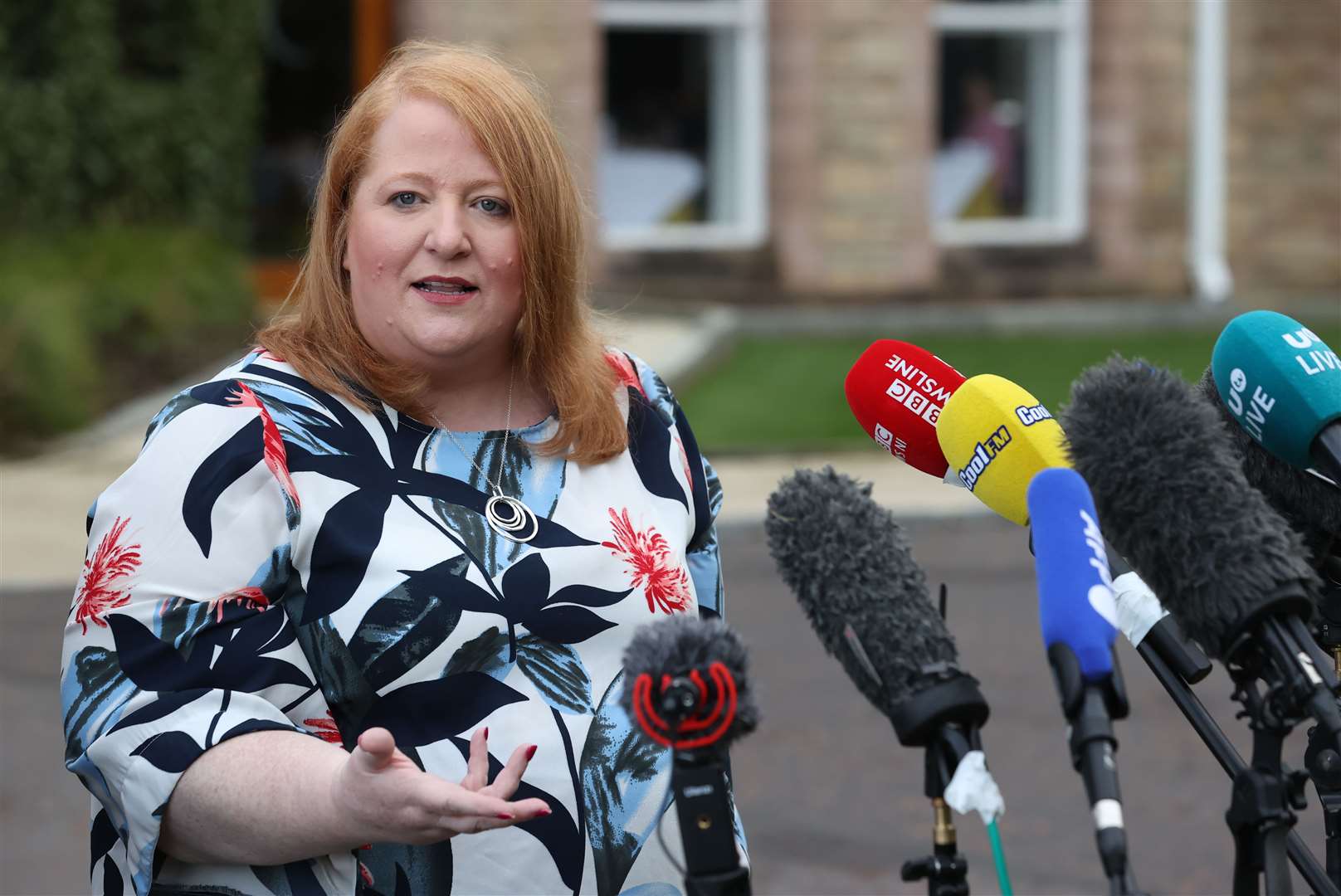 Alliance Party leader Naomi Long speaks to the media after meeting Rishi Sunak (Liam McBurney/PA)