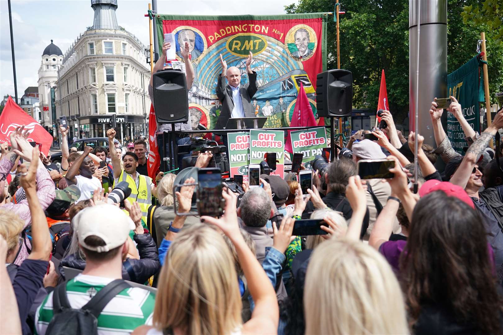 RMT general secretary Mick Lynch speaking at a rally outside King’s Cross station in London (Dominic Lipinski/PA)