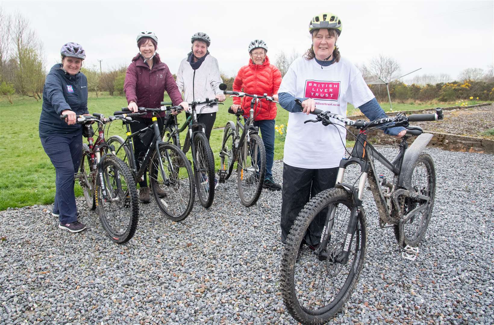 Ahead of her Lands End to John O'Groats 1300 mile cycle, Grange's Yvonne Marsay (front) is getting her training in with four friends (from left) Claire Alldritt, Eileen Rodgers, Annabel Ross and Barbara Stearn. Picture: Daniel Forsyth.