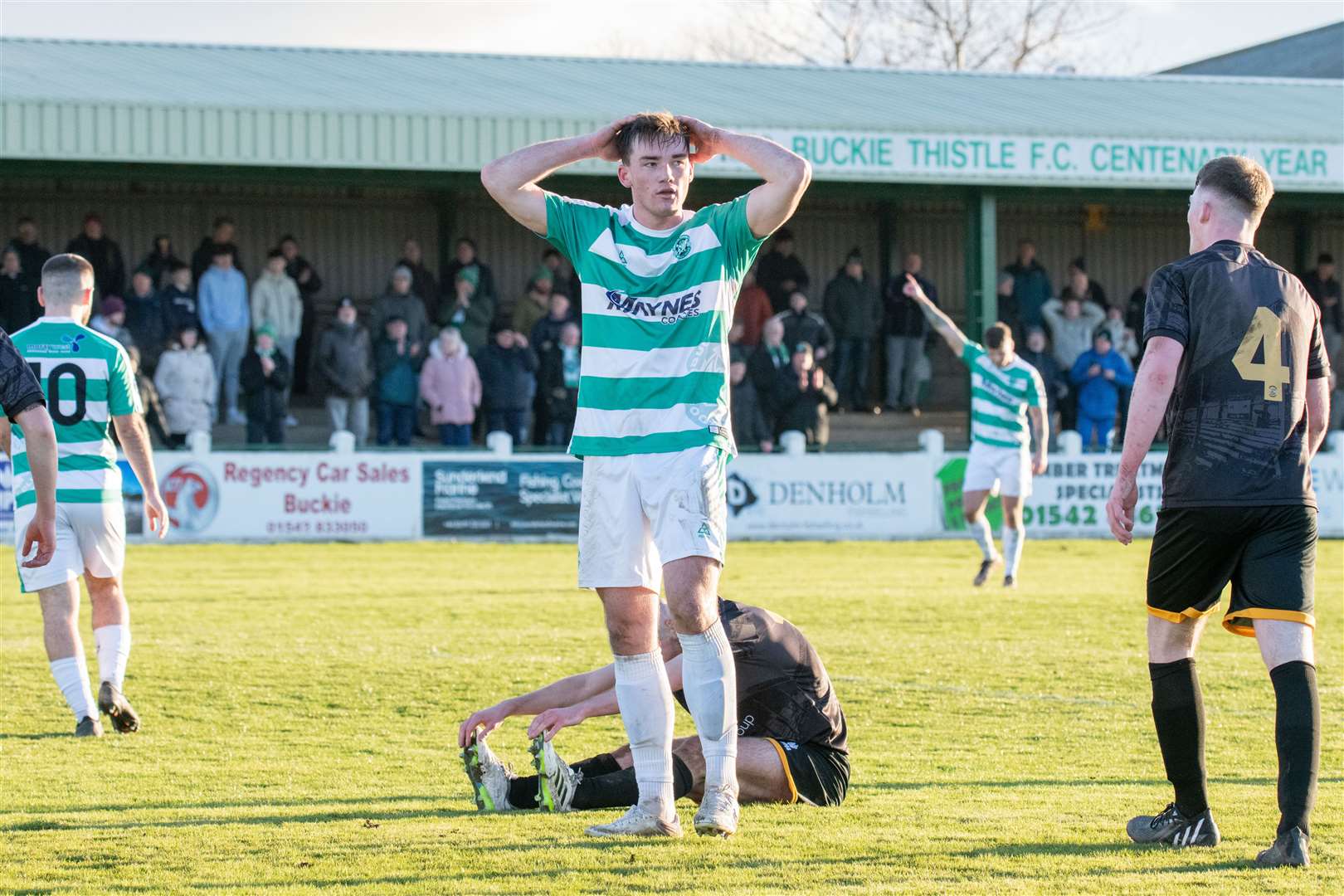 Buckie's Jack Murray can't believe a missed chance. ..Buckie Thistle FC (2) vs Clachnacuddin FC (3) - Highland Football League 23/24 - Victoria Park, Buckie 24/02/2024...Picture: Daniel Forsyth..