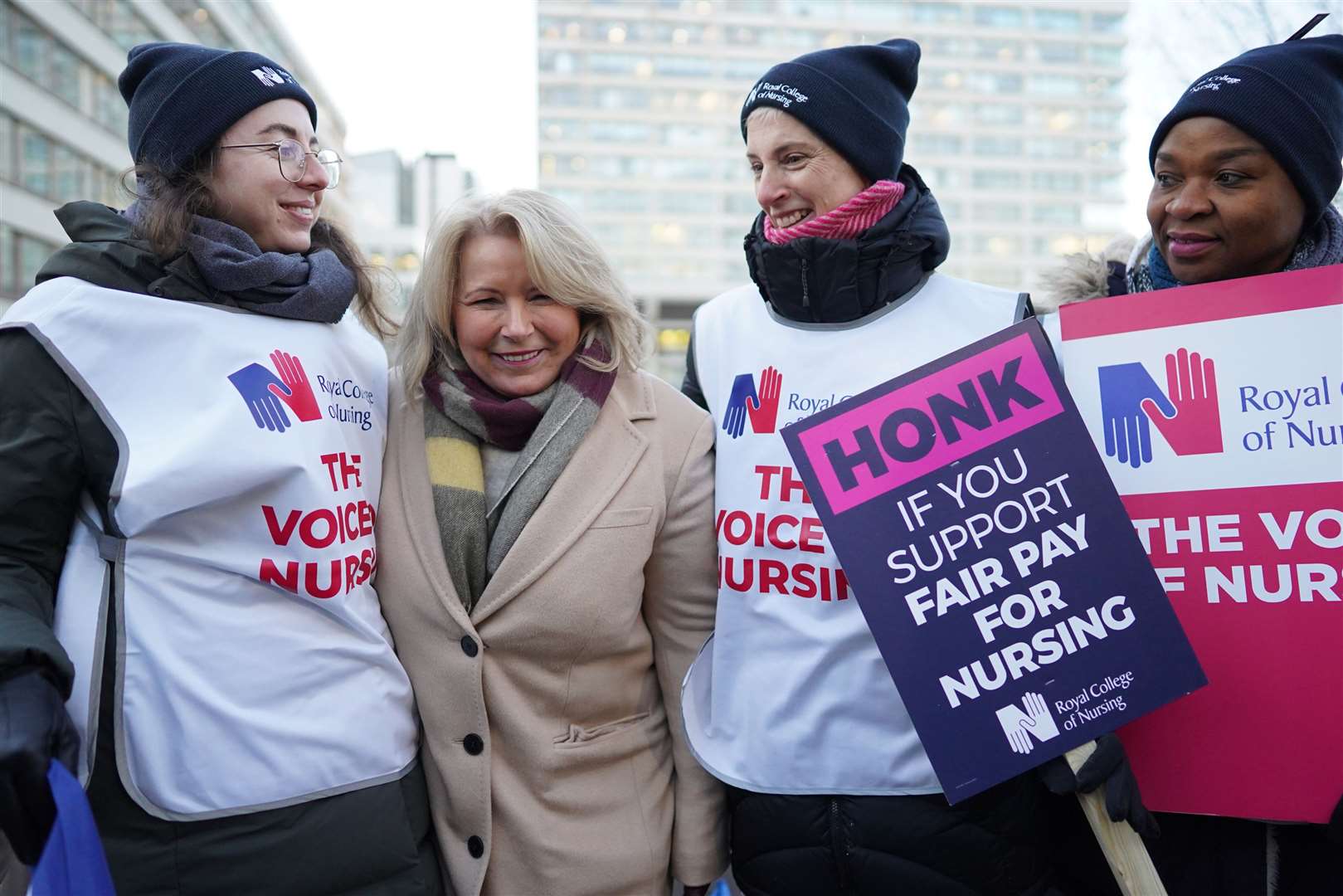 RCN General Secretary Pat Cullen, second left, with members of the Royal College of Nursing on the picket line outside St Thomas’ Hospital in London (Stefan Rousseau/PA)