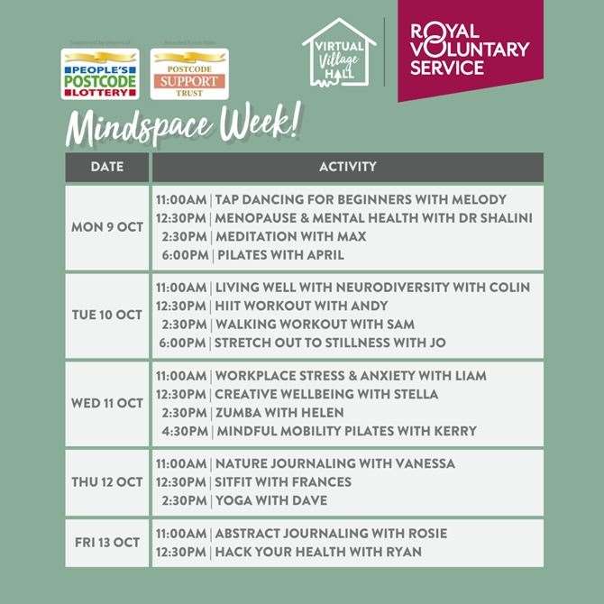 The RVS Mindspace Week at the Virtual Village Hall timetable.