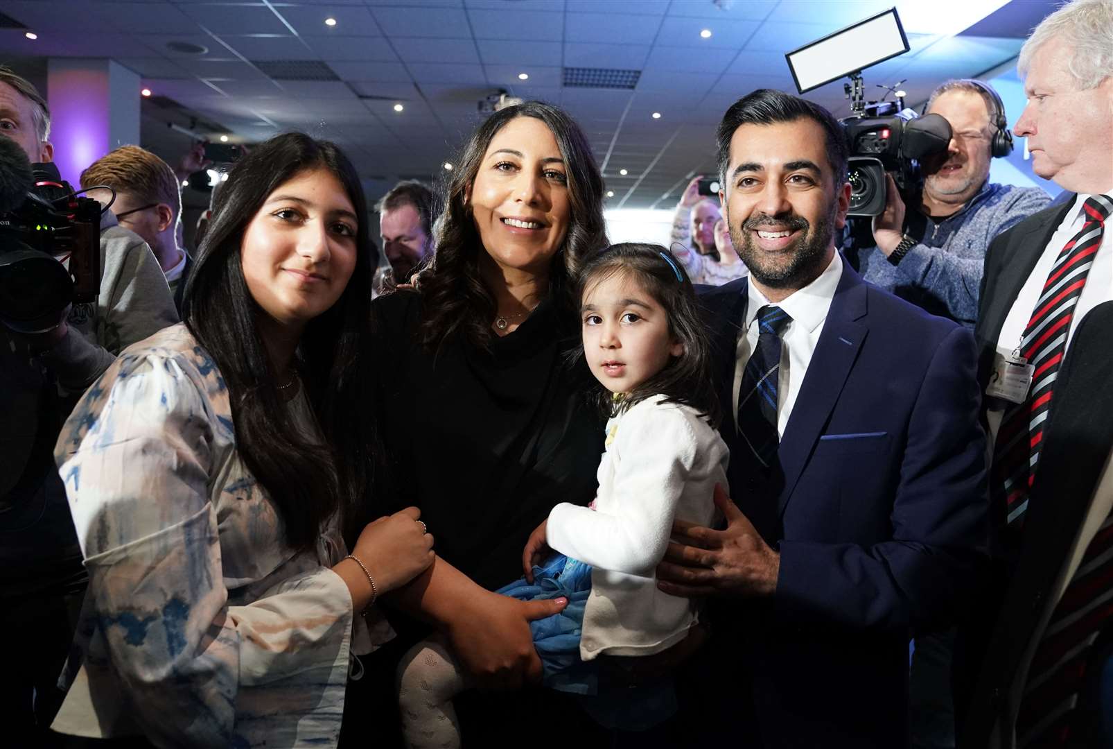 Humza Yousaf with his wife Nadia El-Nakla, daughter Amal and step-daughter (left) following the SNP leadership election (Andrew Milligan)