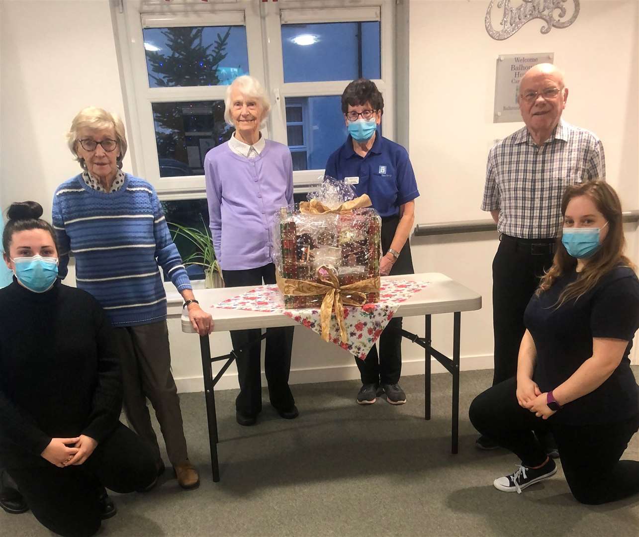 Staff and residents of Balhousie Huntly care home (left to right): Vicky Wink – Activities Coordinator and Carer, Agnes Rae, Jean Mark, Elizabeth Thomson – Domestic assistant, Gordon Ross – resident, and Molly Riddell, Activities Coordinator.