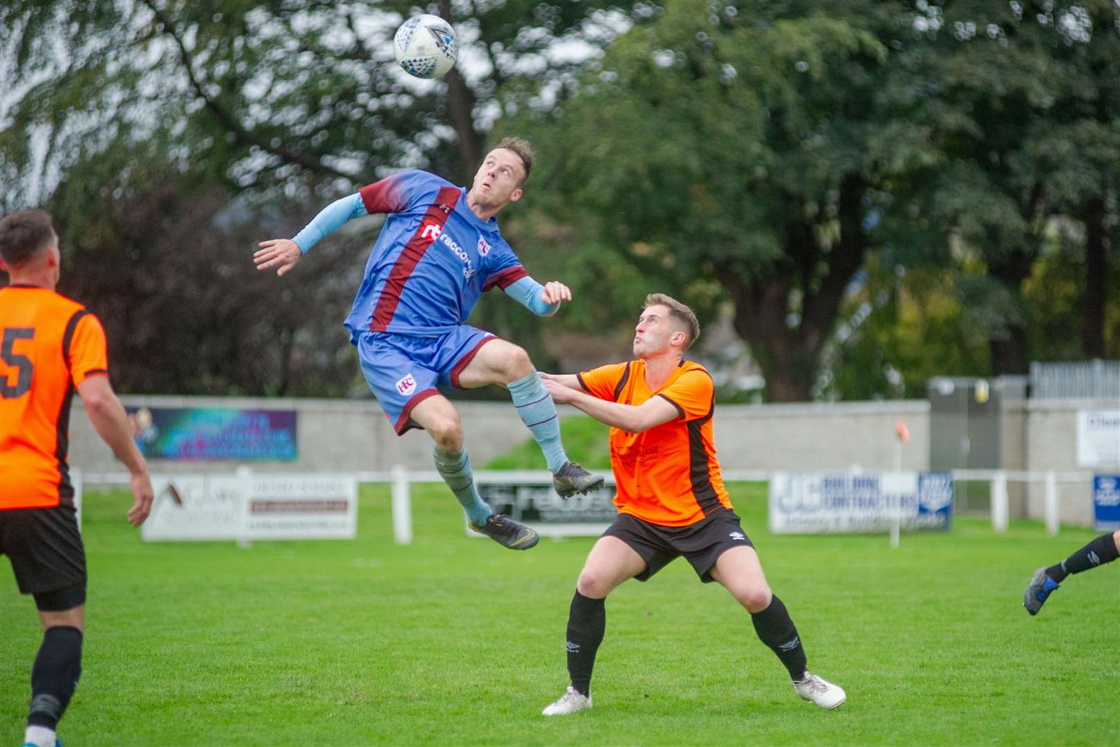 Michael Selfridge in high flying action for Keith against Rothes. Picture: Daniel Forsyth..