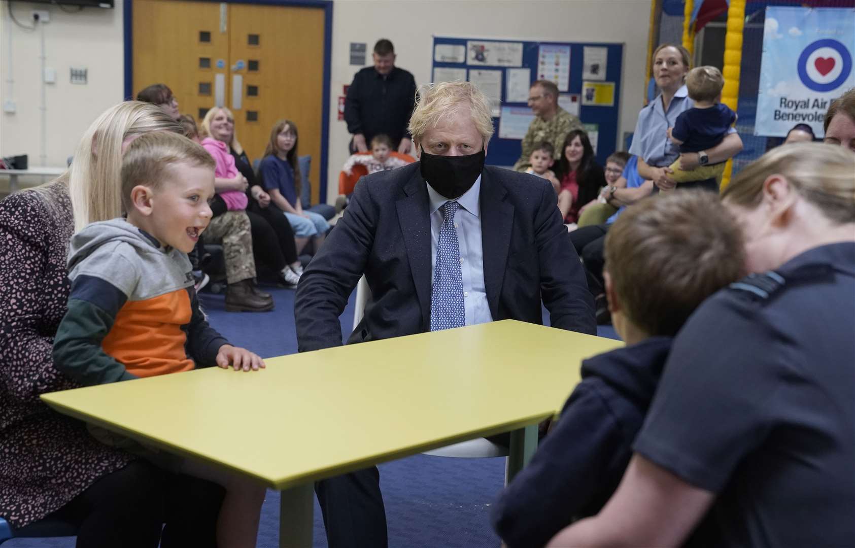 Boris Johnson meeting families at the community centre at RAF Lossiemouth. Picture by Andrew Parsons.