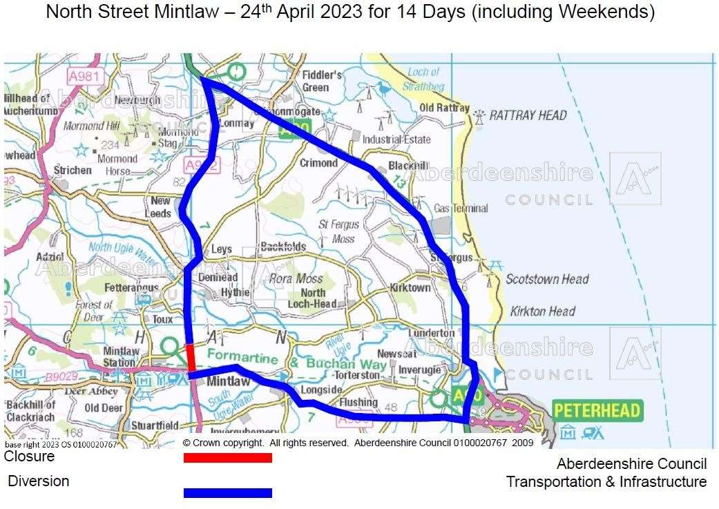 The A952 will be closed in Mintlaw for 2 weeks,