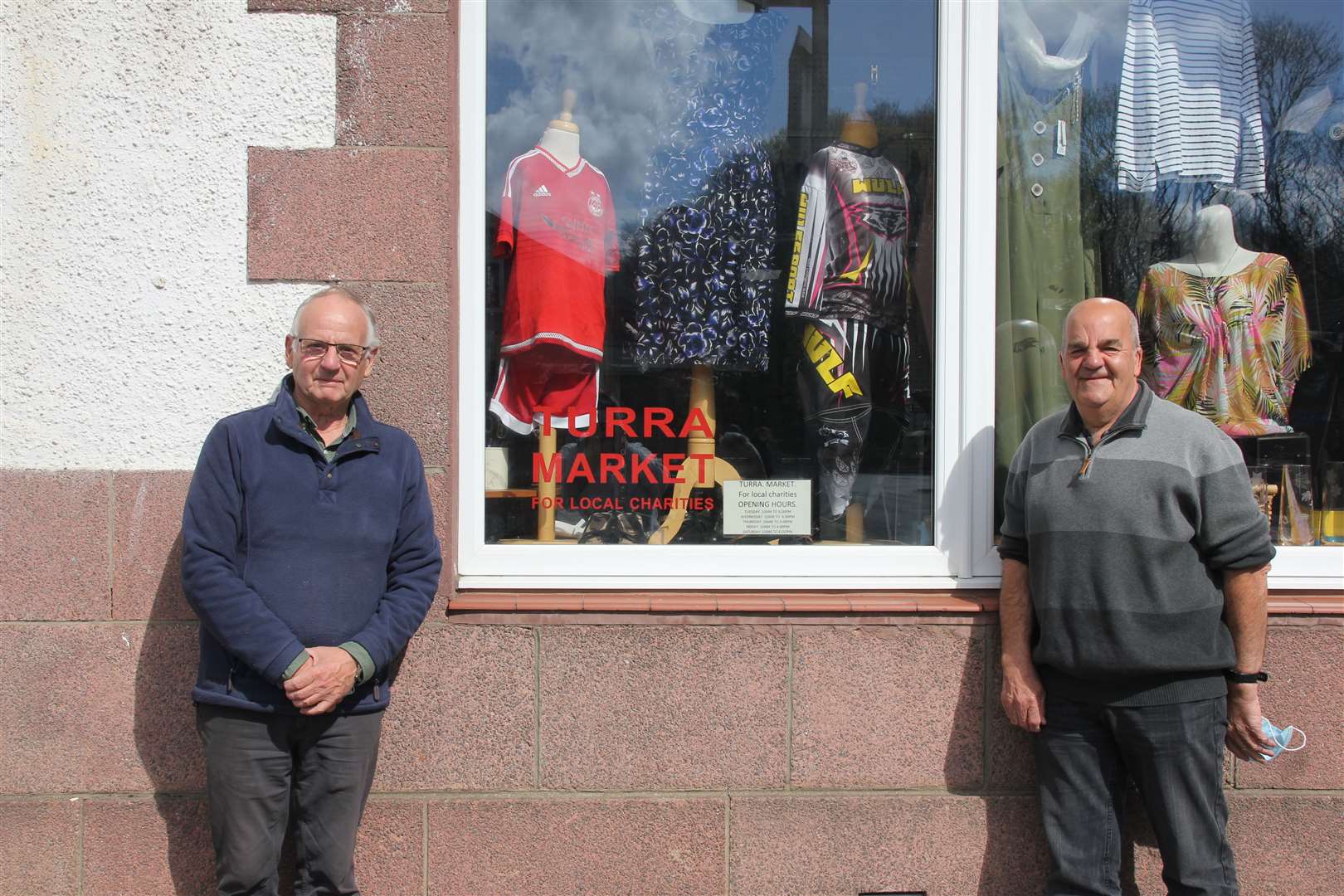 Volunteers Stewart Whyte and Michael Hendry at the opening of Turra Market. Picture: Kirsty Brown