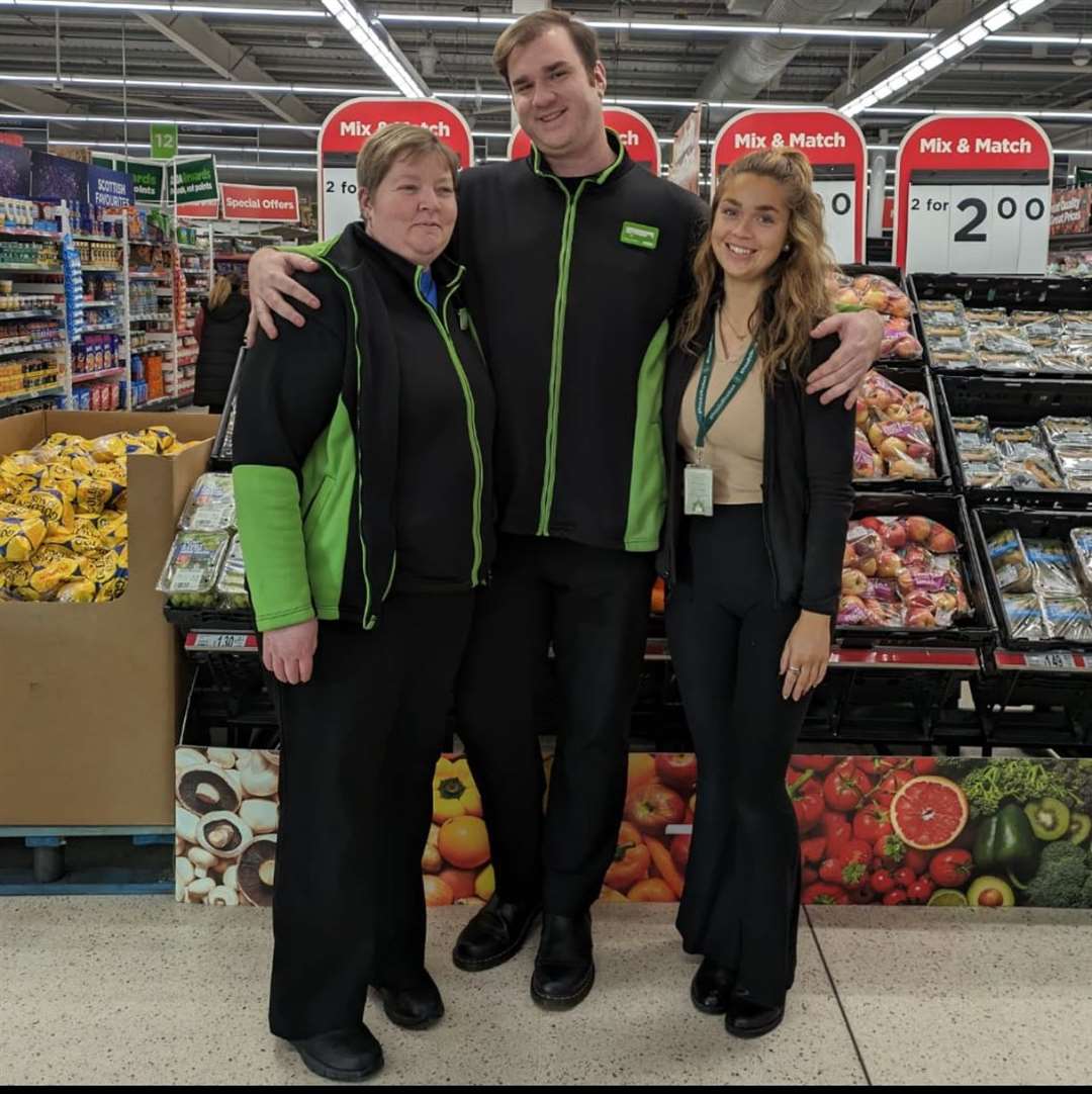Asda staff Tracy Bean, Rhys McWilliam and Rebecca MacDougall helped look after motorists stranded by the flooded A96.