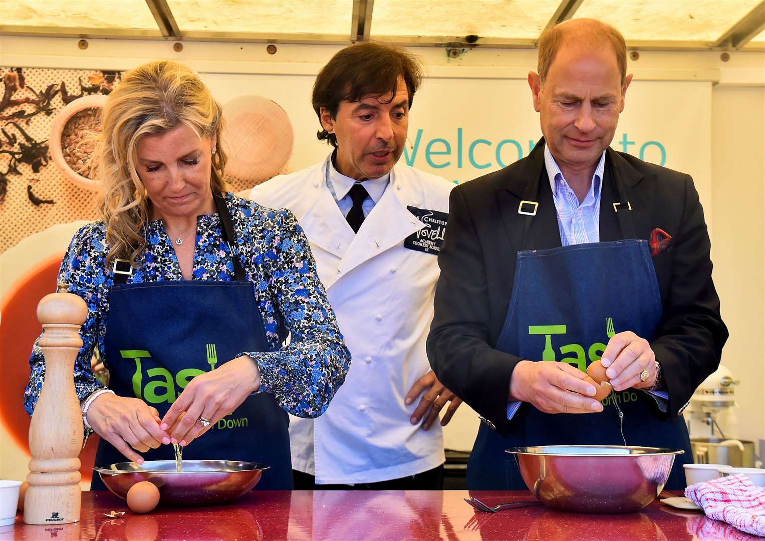 The Earl and Countess of Wessex visited Belfast and Bangor in Northern Ireland where French chef Jean-Christophe Novelli challenged them to make omelettes (Clodagh Kilcoyne/PA)