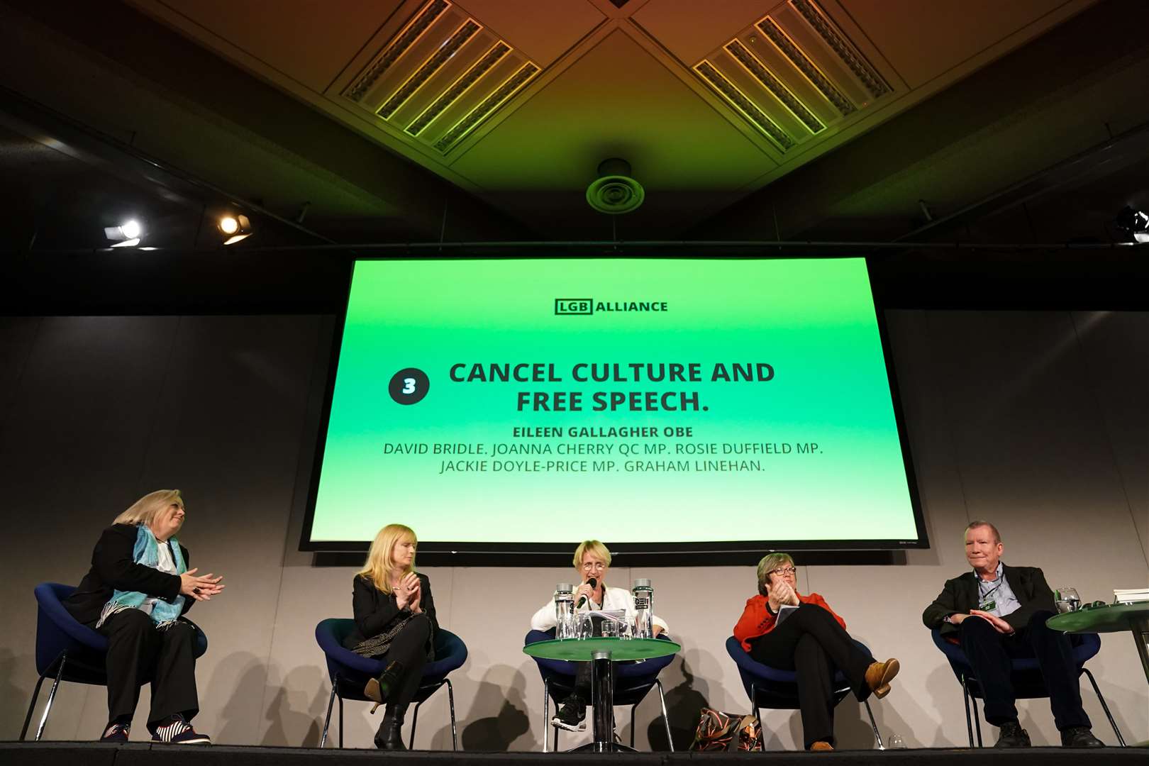 MP Rosie Duffield (2nd left), MP Joanna Cherry QC (2nd right) and writer Graham Linehan (right) during the first LGB Alliance annual conference at the Queen Elizabeth II Conference Centre in central London (Kirsty O’Connor/PA)