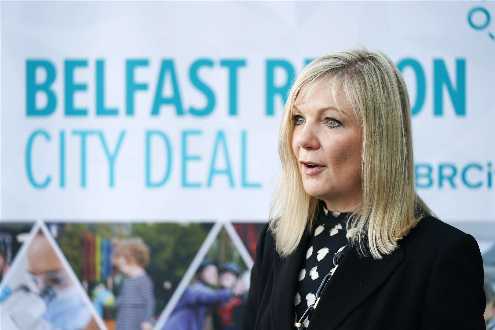Suzanne Wylie speaking to the media following the signing of the Belfast Region City Deal in 2021 (Brian Lawless/PA).