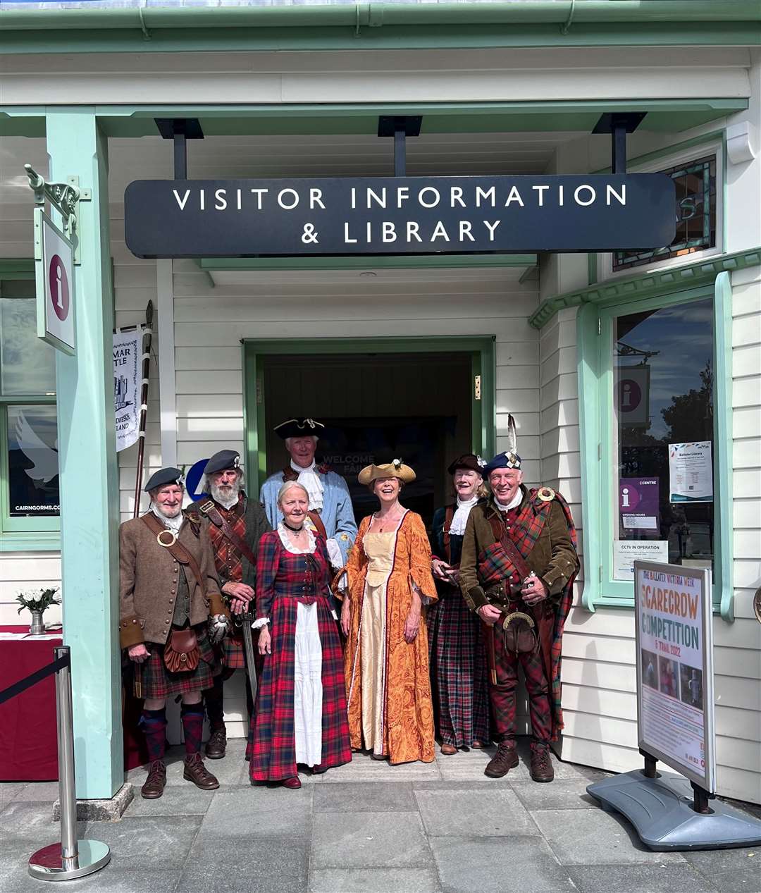 The Jacobite storytelling group outside the VisitScotland iCentre in Ballater.