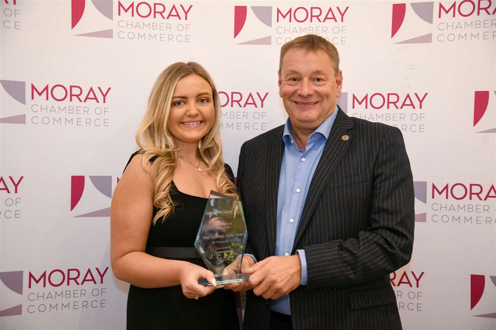 General manager Ailie Flett and Charlie Milne, who have been awarded SME of the Year...Moray Chamber of Commerce Annual Awards Evening at The Seafield Arms, Cullen 2023...Picture: Beth Taylor.