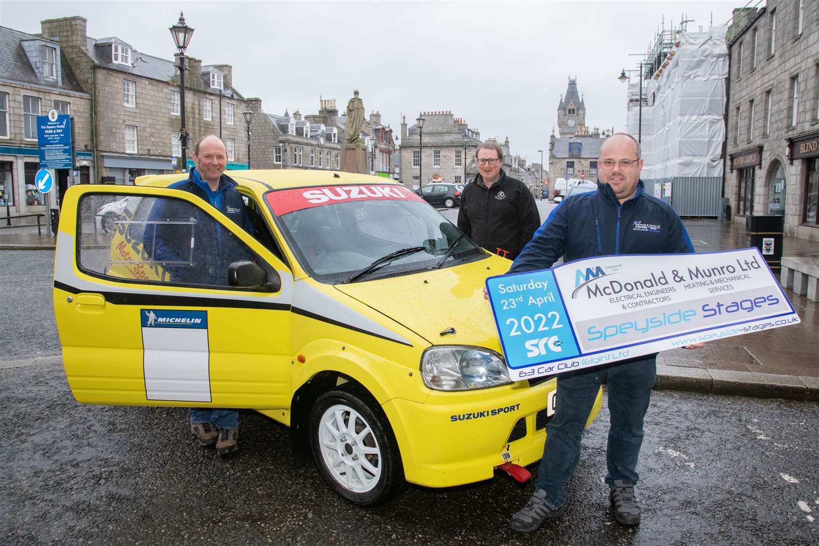 Colin Christie, Andrew Little and David Law who have made the plans for Speyside Rally cars to gather in Huntly Square during the day of the McDonald & Munro Speyside Stages Rally for a re-group between stages next Saturday. Picture: Daniel Forsyth.