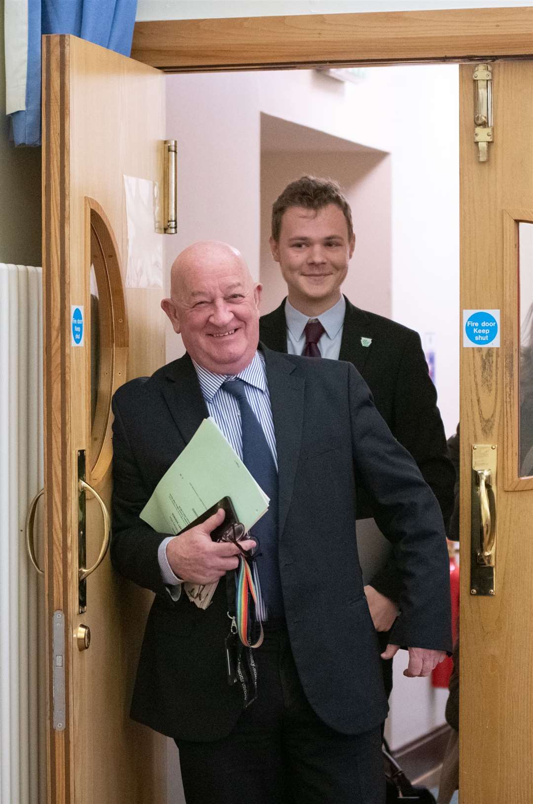 Independent councillor Derek Ross and his Labour colleague Ben Williams entering the council chamber today. Picture: Daniel Forsyth.