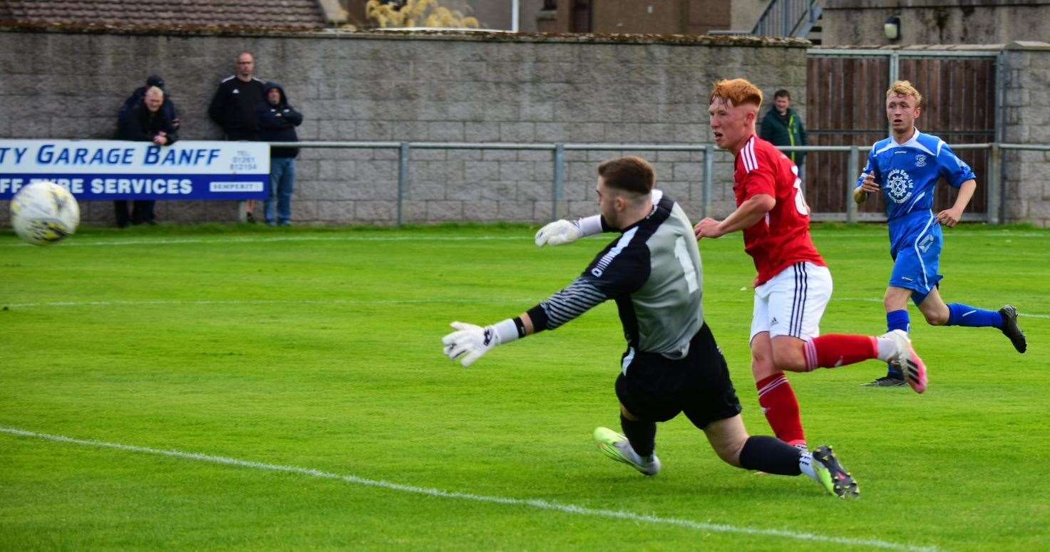 Cameron Angus opens the scoring for Deveronvale against Buchanhaven Hearts. Picture: Michael Cox