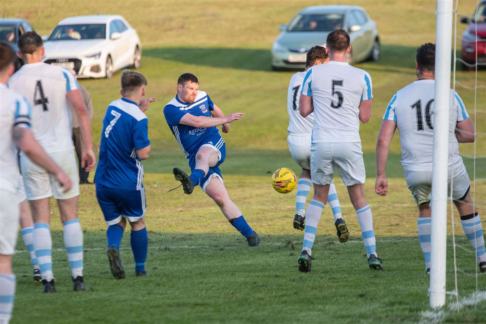 Cullen's Scott Mair unleashes a shot on goal as the home side look for an equaliser. Picture: Daniel Forsyth