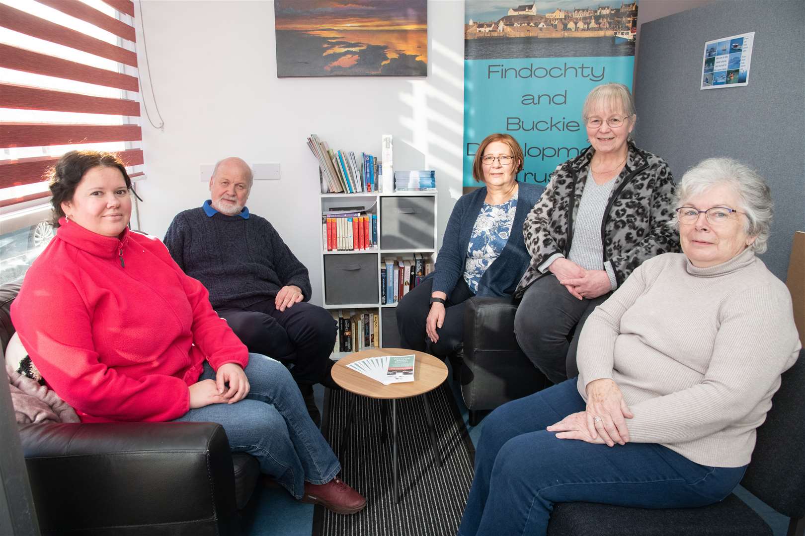 Findochty and Buckie Development Trust Steering Group chairwoman (second right) is joined by (from left) Anna Tumanova (Hub volunteer), Gordon McDonald (trust member), Sheila Sellar (NHS Grampian Healthpoint), and Linda McDonald (trust member). Picture: Daniel Forsyth