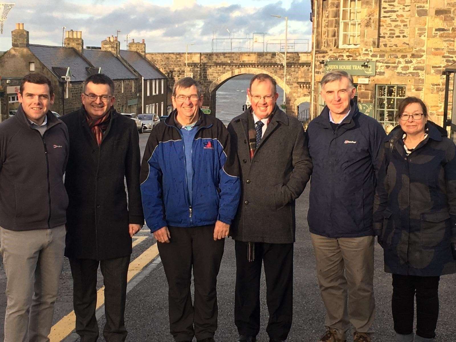 Pictured during a visit to Cullen earlier this year are (from left) Douglas Ross, Ian Vernon (Link ATM), Stan Slater (Cullen and Deskford Community Council), Bill Raynal (Link ATM), Councillor Donald Gatt and Councillor Laura Powell. Picture: Moray Conservatives
