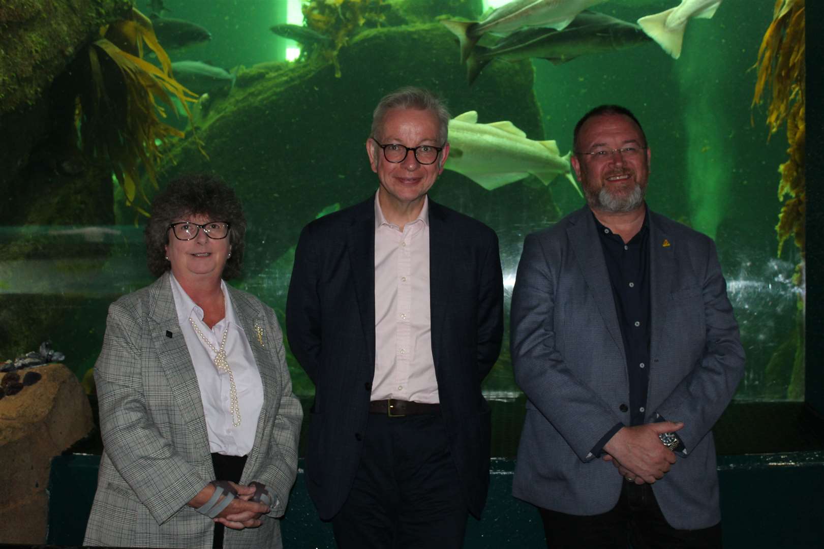 Secretary of State for Levelling Up, Housing and Communities MP Michael Gove with Banff and Buchan MP David Duguid and Leader of Aberdeenshire Council Councillor Gillian Owen at Macduff Marine Aquarium. Picture: Kyle Ritchie