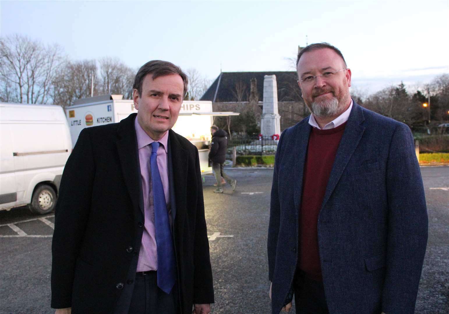 UK energy minister Greg Hands with Banff and Buchan MP David Duguid in the centre of Methlick, where food is being provided to people who need it.