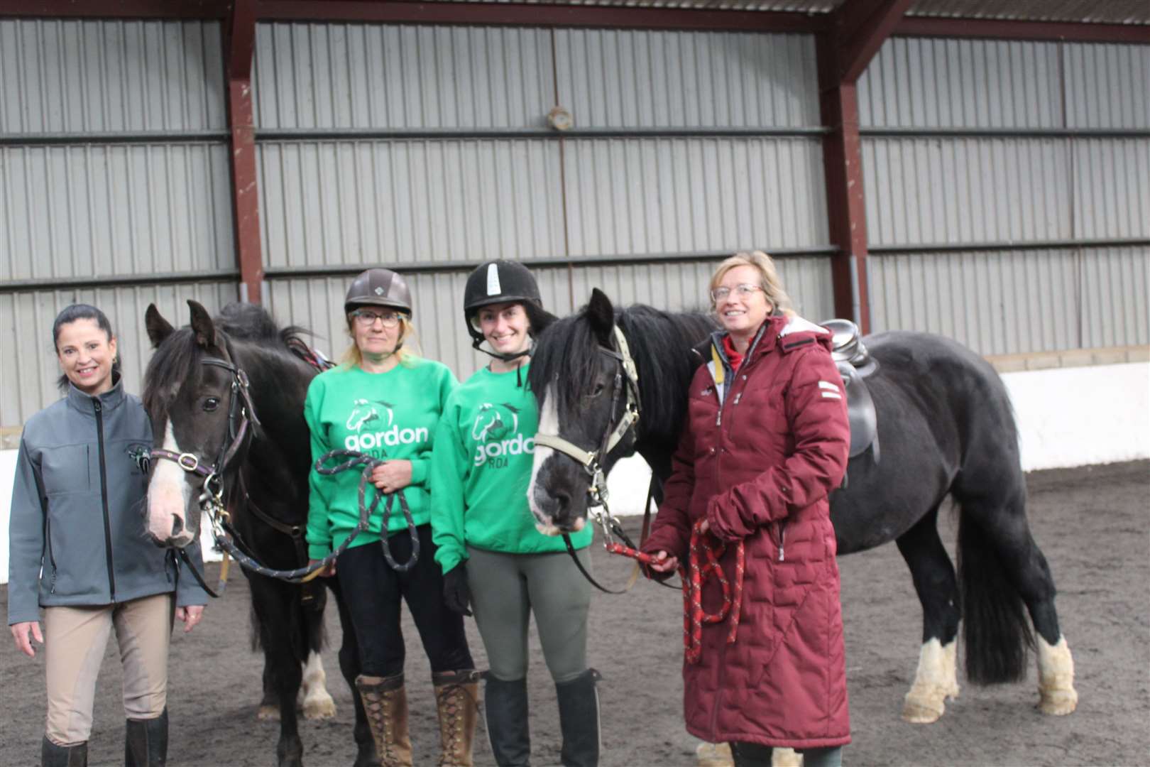 Riding for the Disabled demonstrations with (from left) coach Valerie Cooper, June Gilmour, Deborah MacKay, Julia Gilmour with Jack and Harry at RDA Open dayTweeddale, Keithhall on Saturday.