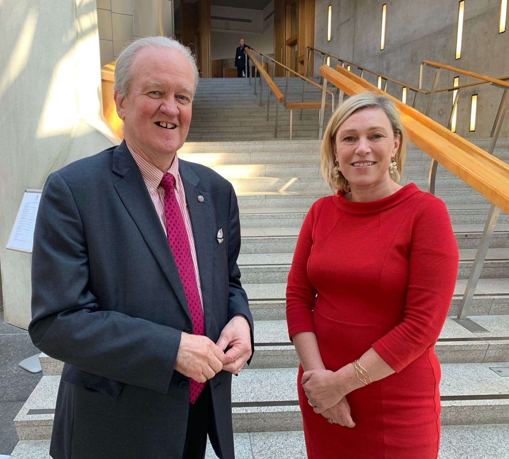 Pictured before the current lockdown, MSP Stewart Stevenson with fellow MSP Gillian Martin who gave the first proxy speech at Holyrood on his behalf.